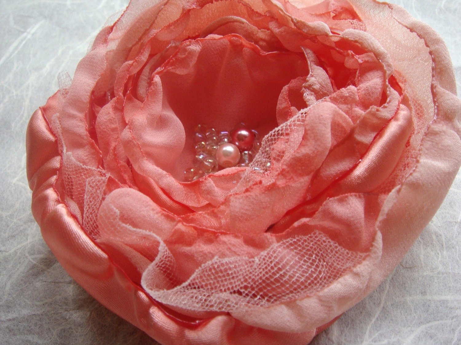 Beaded Peach Flower for Hair or Brooch