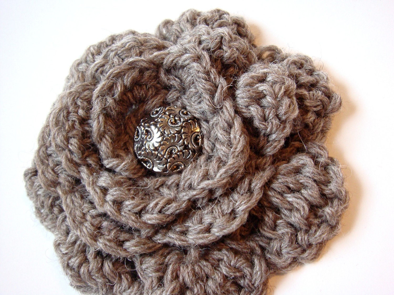Crocheted Flower Pin in Gray Wool
