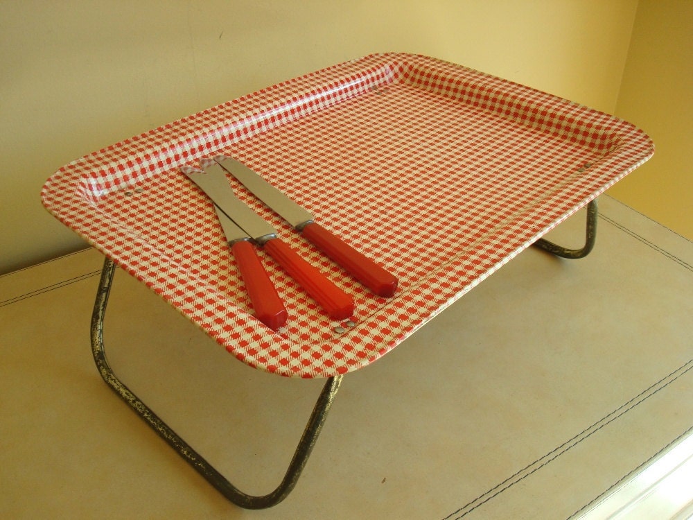 Folding bed tray, vintage red gingham