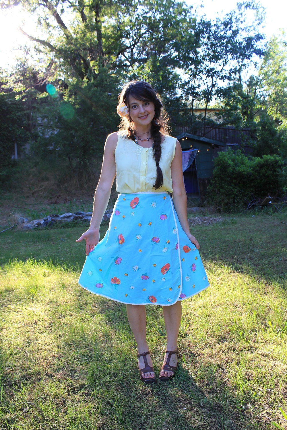MERMAID FLOWERS  - Vintage 60s 70s Wrap Skirt Turquoise Floral Cotton Cute Reversible S M