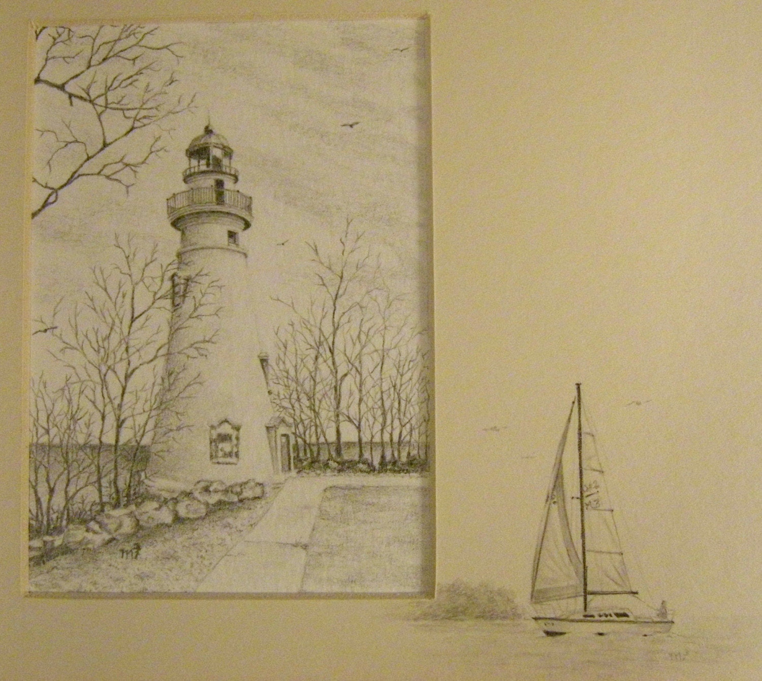 Lighthouse pencil drawing landscape art sail boat beach glass Marblehead Ohio black and white original shadow box assemblage story art