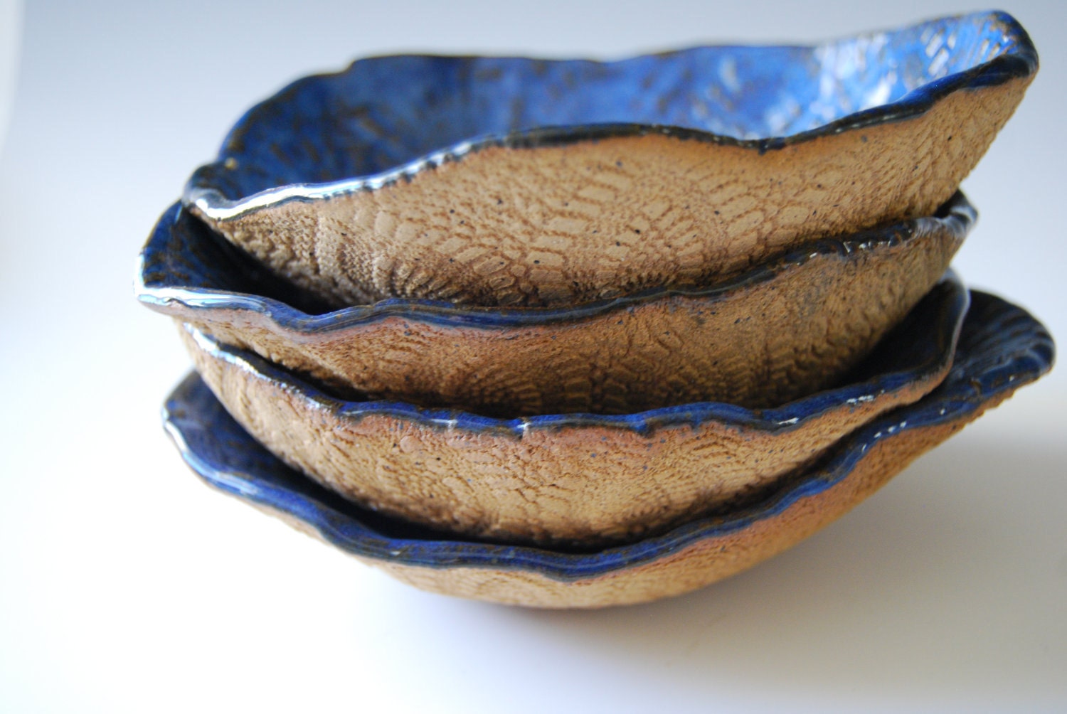 Reserved for MARE and FRANCO's wedding Ceramic Bowls Blue set of 4 -handmade tableware - Wedding Gifts Unique Organic with Laces