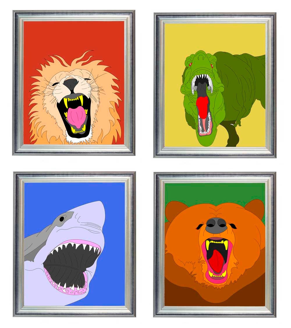 Animals Art Print, Animal Dino, Lion, Shark, Bear  Set of 4  Prints 8'x10'
