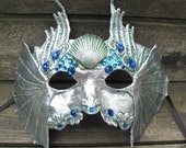 Silver Venetian Water spirit masquerade mask with blue and green gems, Mer