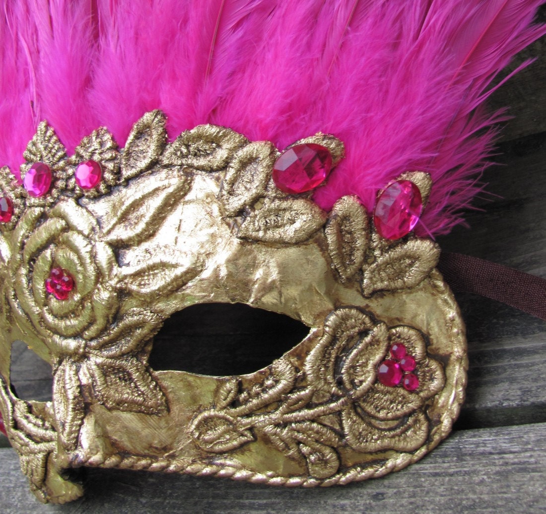 Venetian gold carnival mask with hot pink feathers, Blushed