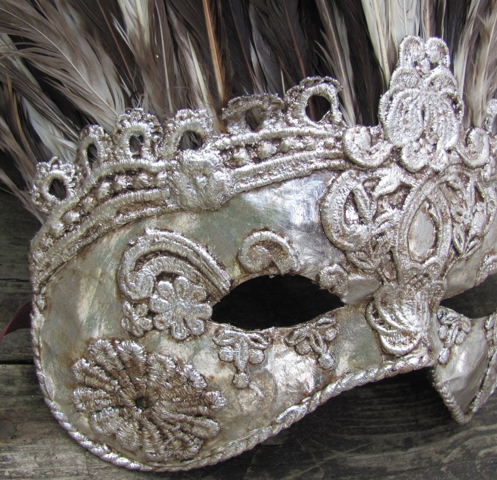 Silver Venetian masquerade mask with feathers, large mans mask, Todd