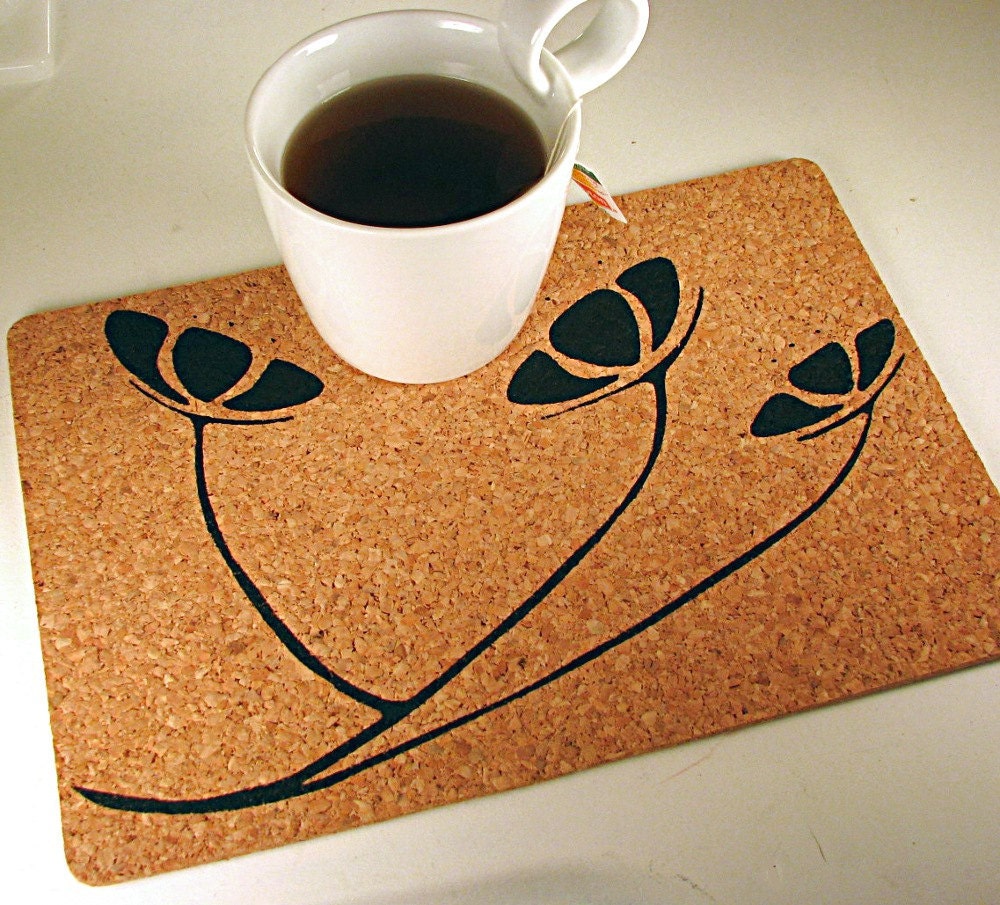 Floral cork placemats Flora Ink table place by PaintedPearStudio