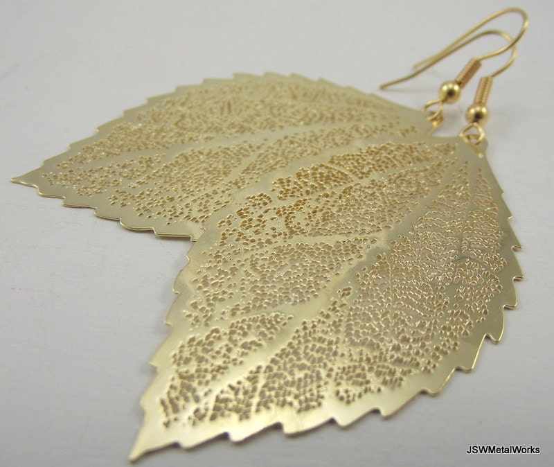 Medium Golden Leaf Skeleton Earrings, Gold Earrings