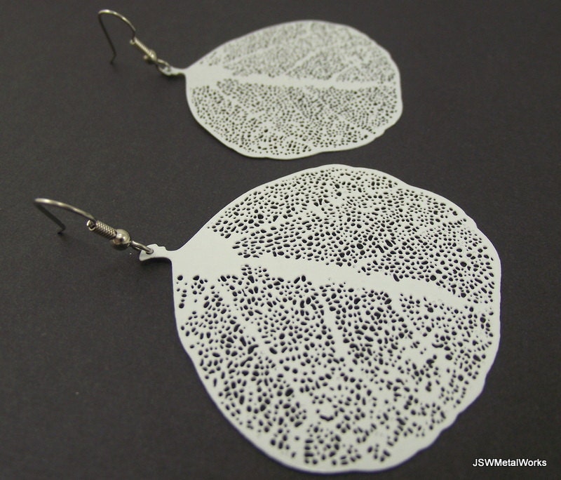 Large Smooth Round Leaf Skeleton Earrings, White Earrings - JSWMetalWorks
