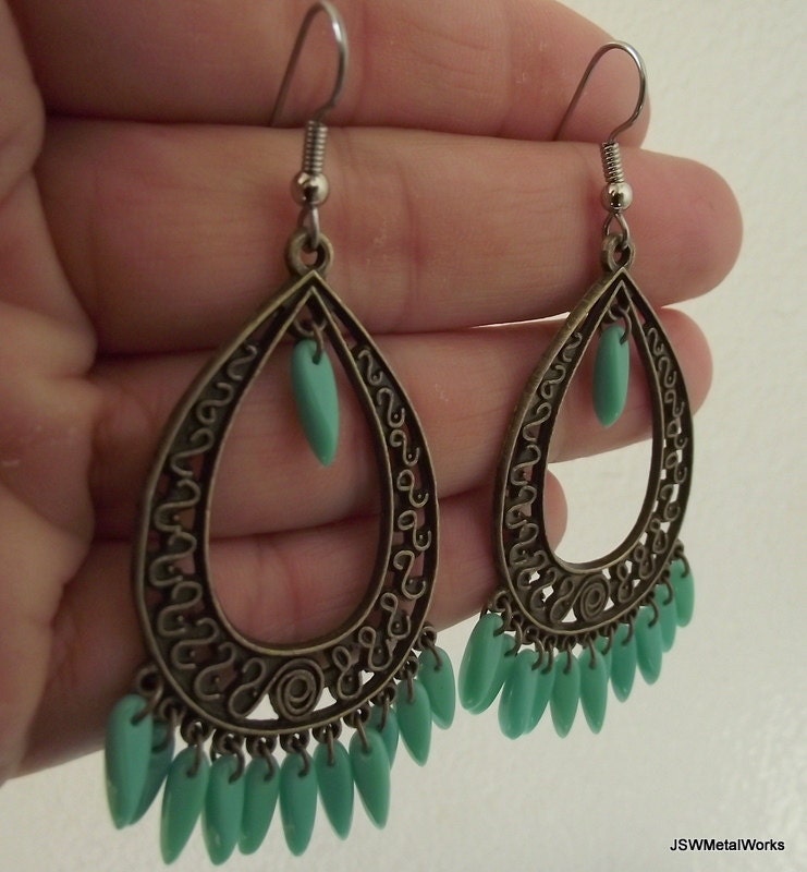 Teardrop Moroccan Earrings with Teal Beads, Ornate Antiqued Brass Earrings