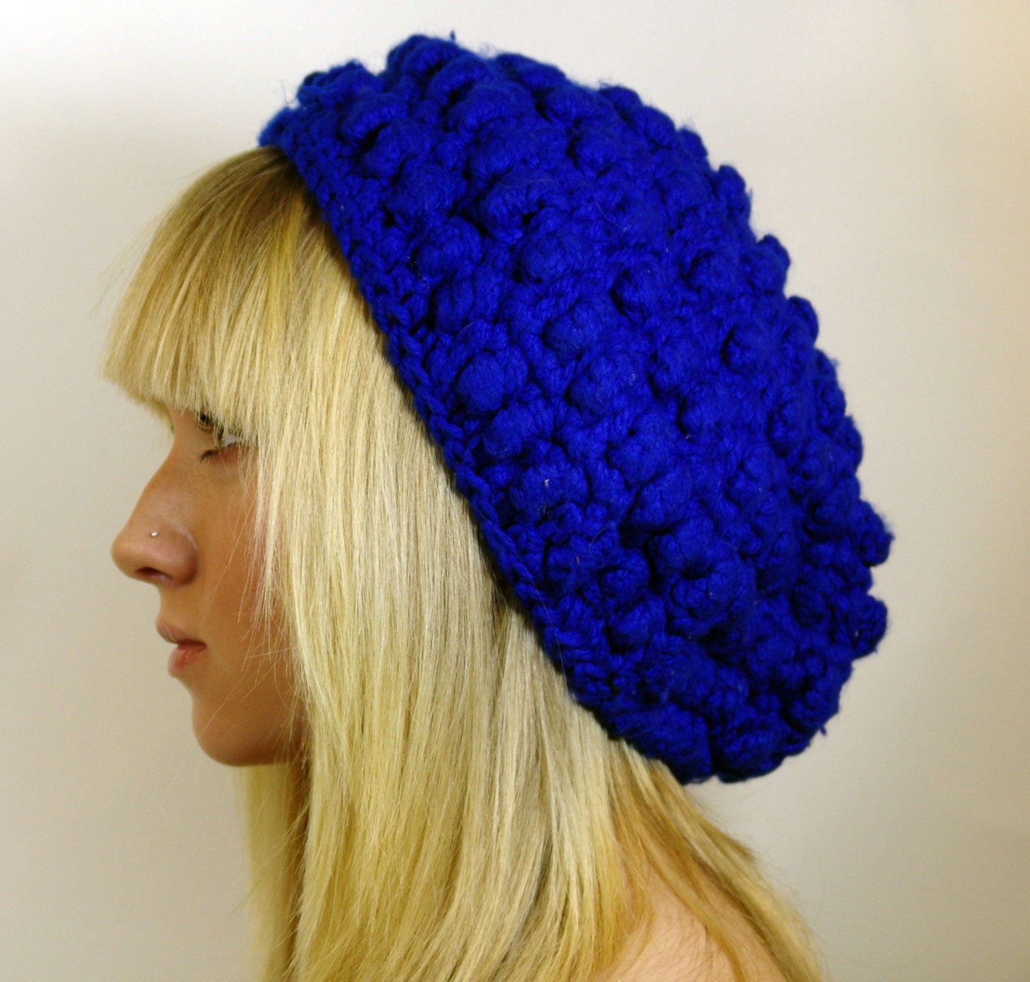 Vintage Knitted Electric Blue Popcorn Beanie