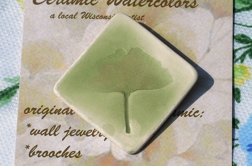 REAL GINKGO Leaf Handmade ceramic watercolor pin exotic sage green under 20 dollar gift OOAK brooch Asian Inspired kiln fired fossil design - FaithAnnOriginals