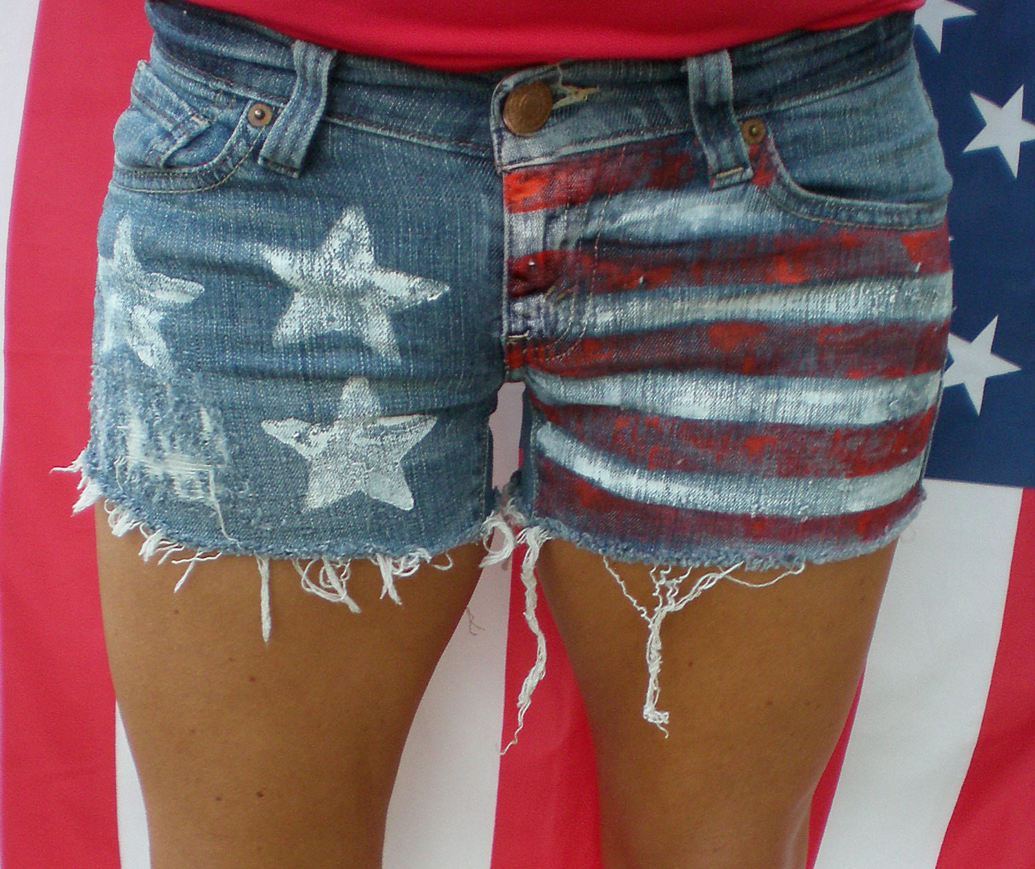 As Featured on TheBlush.com USA Flag Levis Jean Shorts Hand Painted Chic