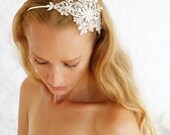 Bridal headband bridal lace headpiece -  Silvery crown - Chantilly crystals and rhinestone silvery lace headpiece