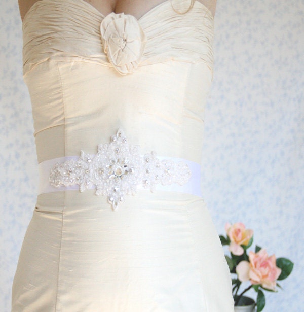 Wedding sash--white lace beaded wedding sash with crystals - bridal beaded sash -  ready to ship