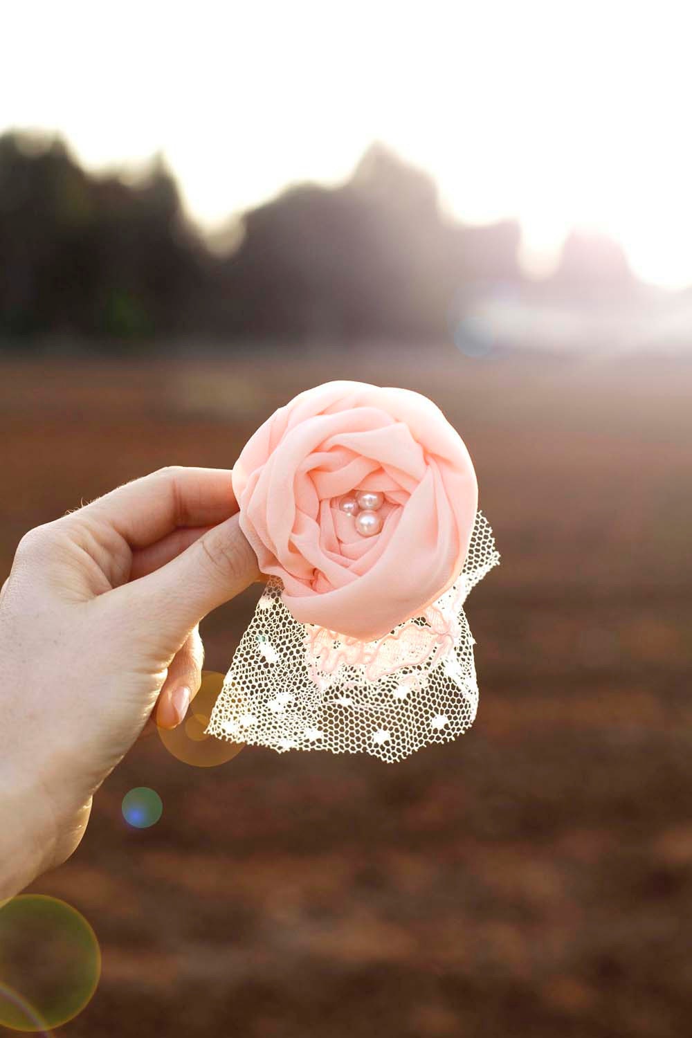 Free shipping -Wedding Hair Accessories -Peach color flower hair clip with lace and pearls