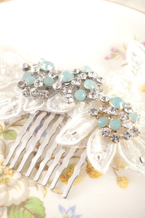 Bridal mint crystals headpiece with beaded vintage lace - Bridal rhinestone headpiece