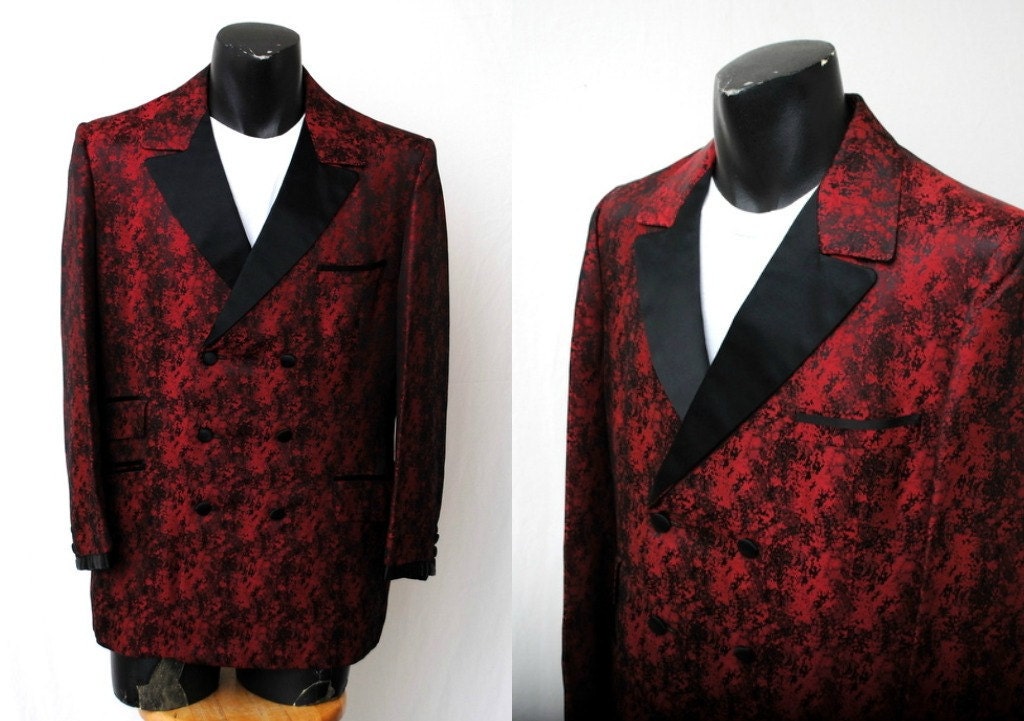 RESERVED Red Black Brocade Tuxedo Jacket - Freddie Fender - Double Breasted - Collectible - 1970s Vintage - 42