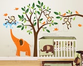 Kids Wall Decals Wall Stickers-  Tree Wall Decal Monkeys & Elephant baby decal- 105