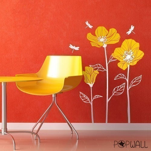 FREE SHIPPING -  Vinyl wall sticker decal Art - Poppies flowers with Dragonflies - 069