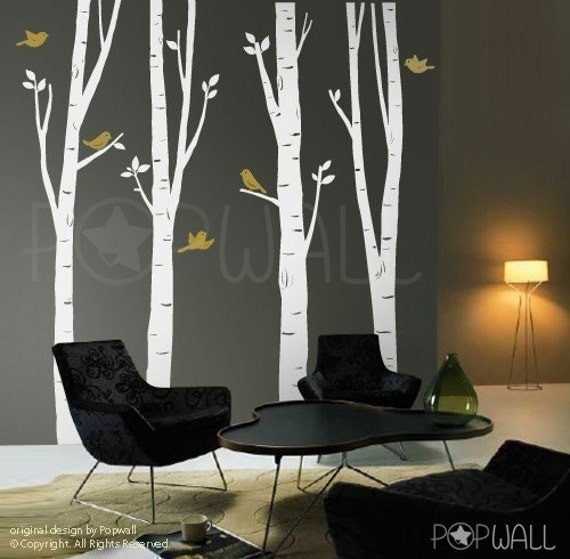 Tree Wall Decal Wall sticker-  Birch Tree Decal -10 FREE  Birds - 075