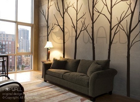 Vinyl Wall Decal Sticker Art - Winter Trees - set of 6 trees with 10 FREE FLYING BIRDS - 036