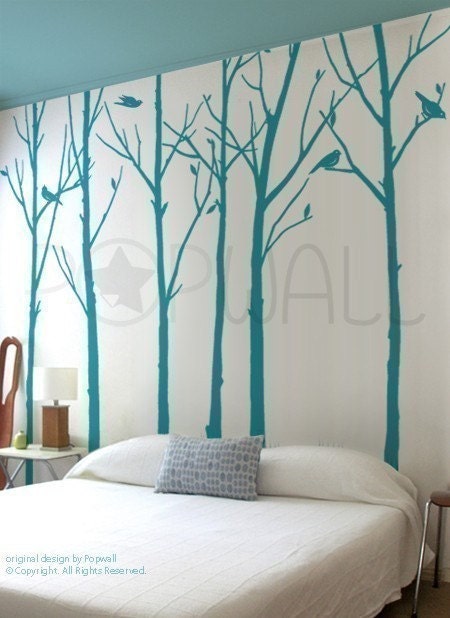 Vinyl Wall Sticker Tree Wall Decal Tree Decal Art - Leafy Winter Trees with birds - 6 trees - 037