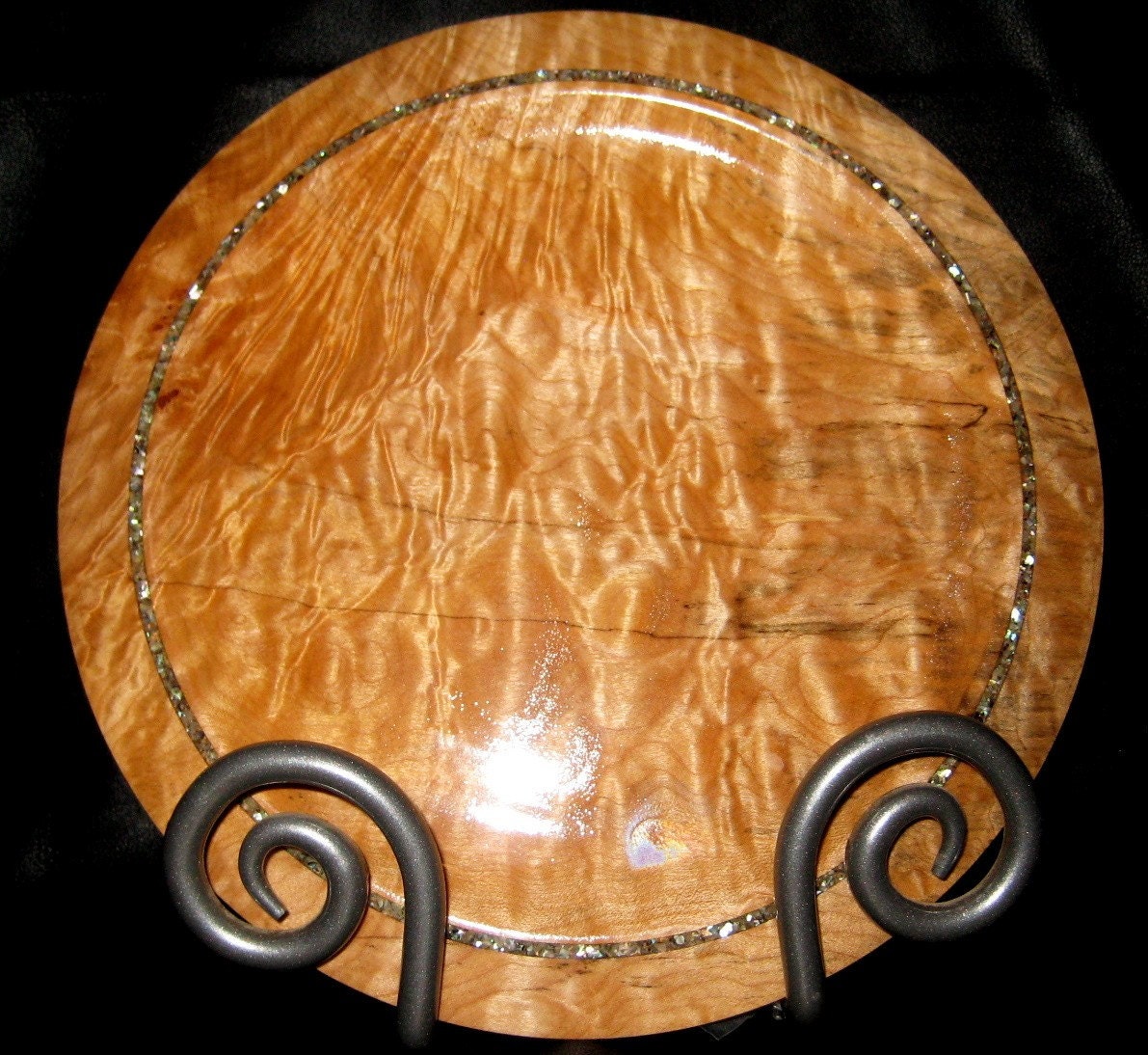 Flame Quilted Maple Burl Plate With Abalone Accent On Rim (Inlayed art Piece)