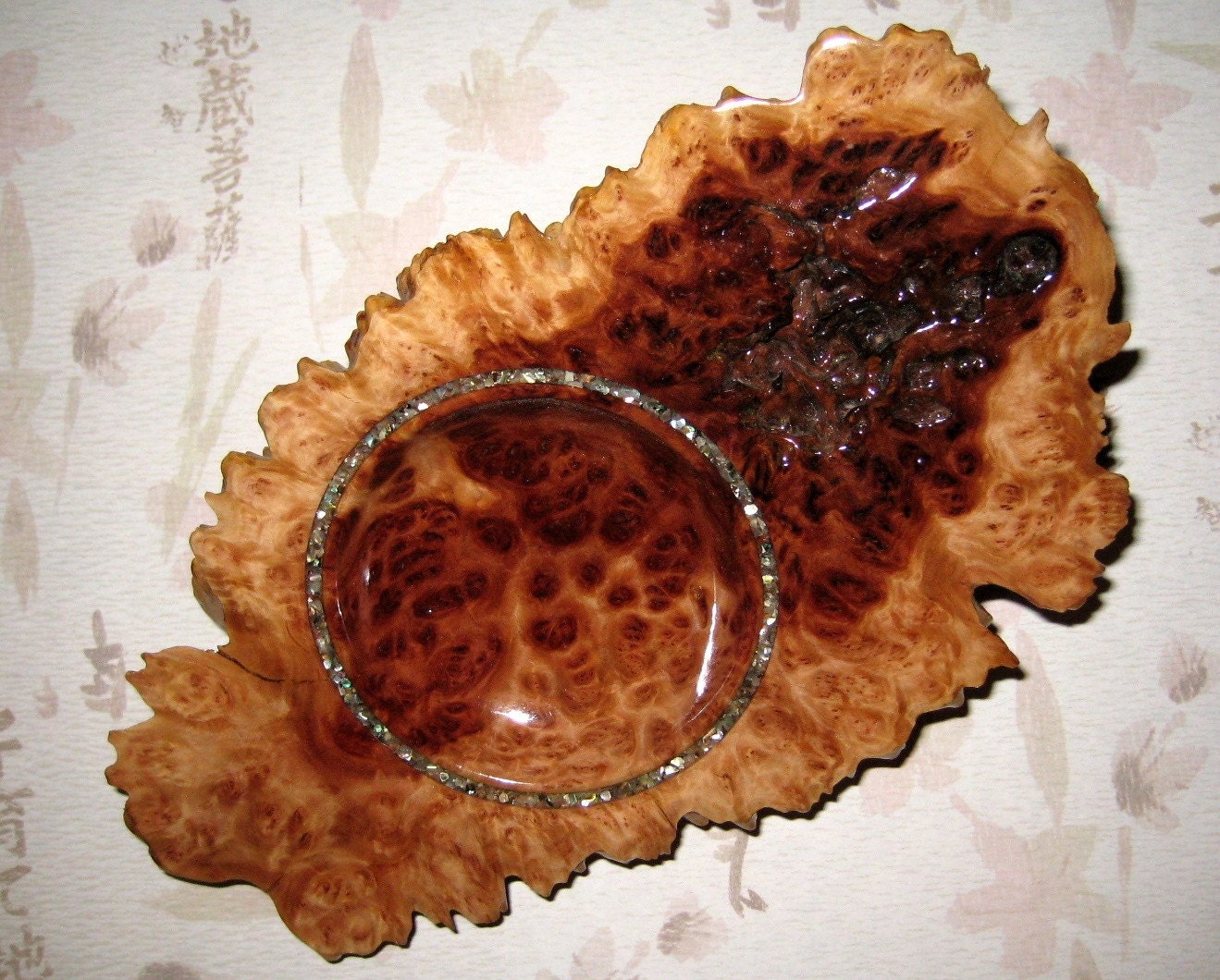 Red Mallee burl dish. Abalone inlay. Beautiful art piece