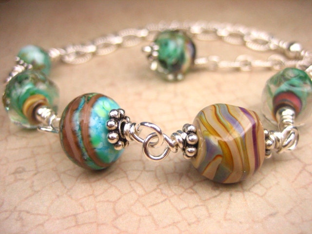 Winter Sale-Handmade Lampwork Glass Beaded Bracelet Wire Wrapped Blue Green Brown Turquoise