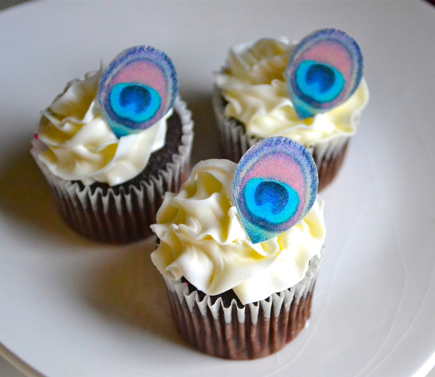 The Original EDIBLE  Cake & Cupcake toppers  Mini Size Peacock  Feathers - Food Accessories