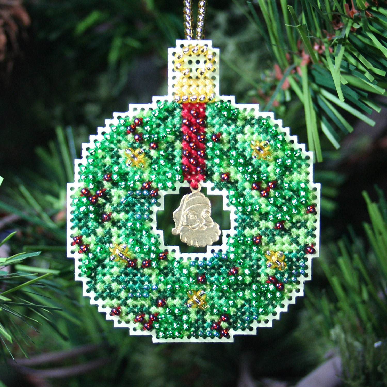 Emerald Wreath Cross Stitched and Beaded Holiday Christmas Tree Ornament - Free Shipping