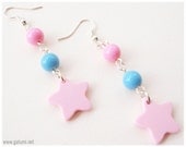 Kawaii Star Earrings, Pastel Pink and Blue, Very Long, Silver Plated - Fairy Kei