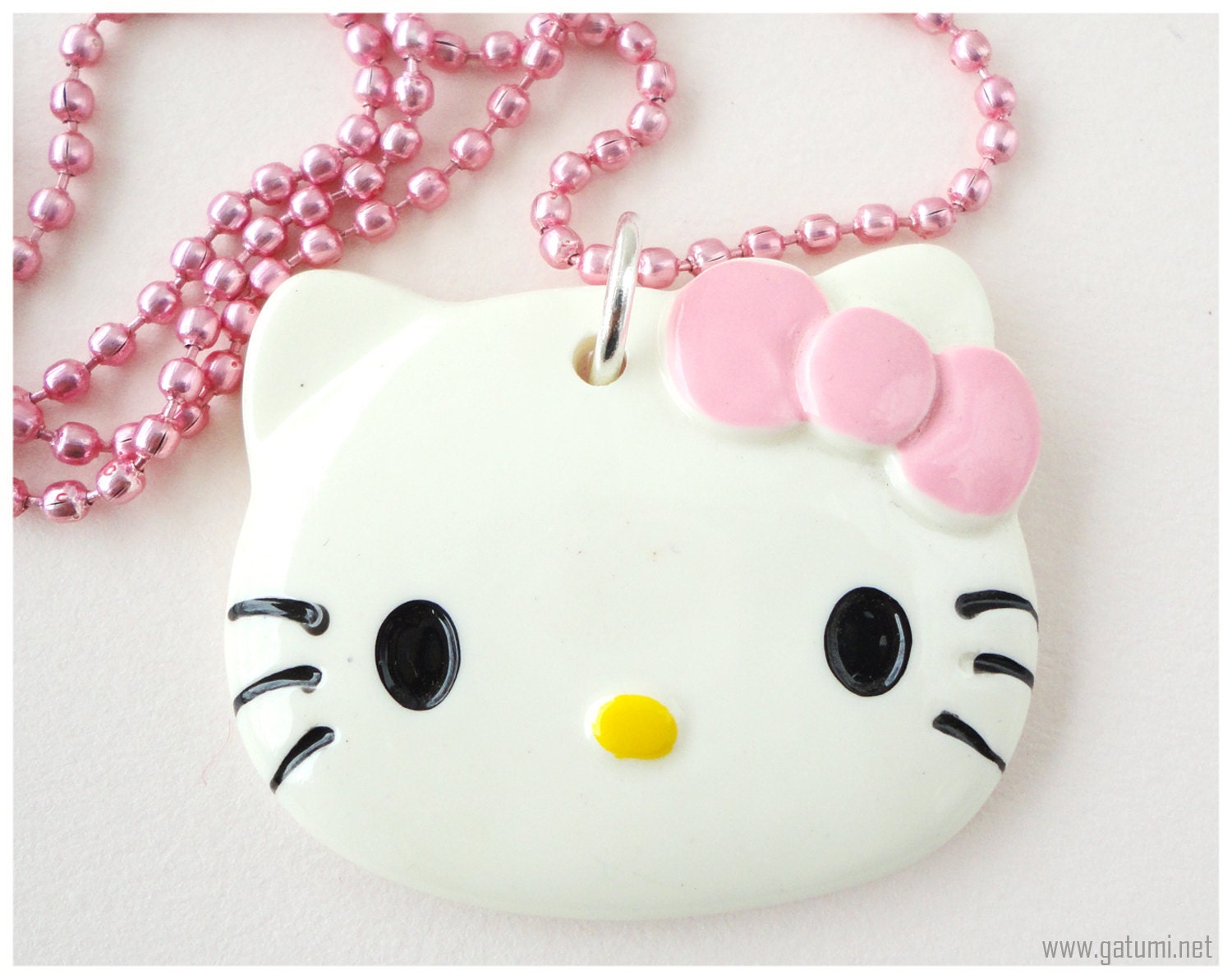 Kitty Face Pendant, Pink Ball Chain Necklace, Long - Oshare Kei, Kandi Kid