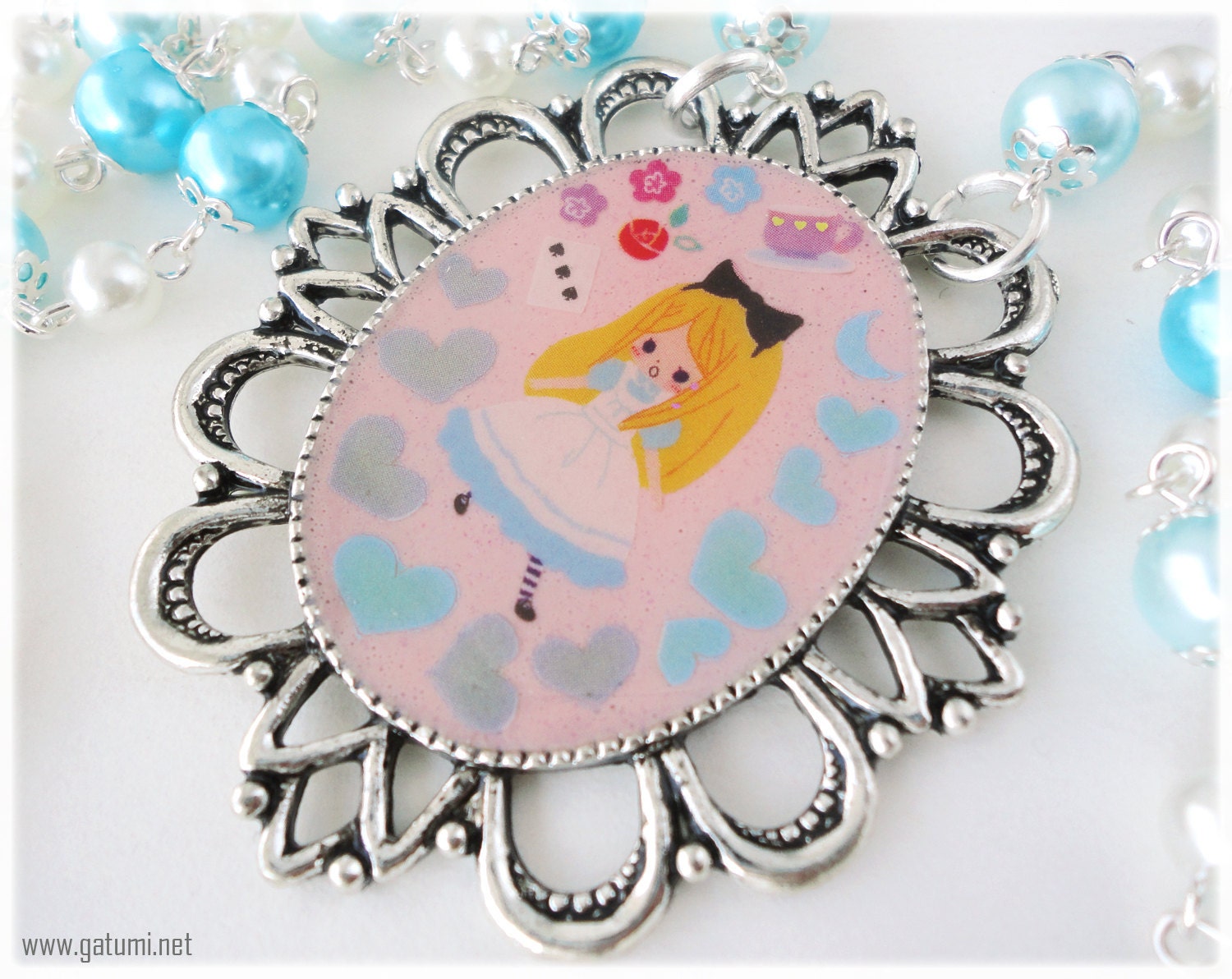 Alice in Wonderland Necklace, Resin Cameo Pendant, White and Teal Pearl Chain in Silver - Sweet Lolita Jewelry