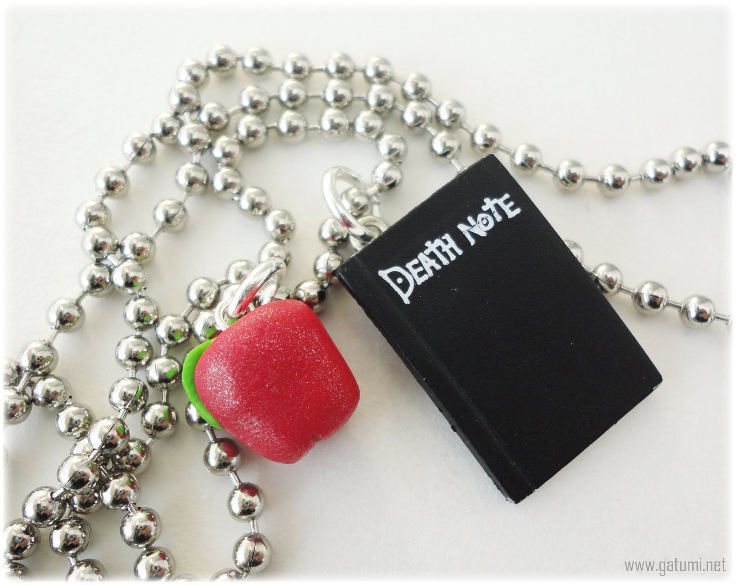 Death Note Necklace, Polymer Clay Apple Charm, Silver Ball Chain - Anime Jewelry, Cosplay