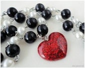 Heartbreaker Glitter Heart Necklace, Black and White, Beaded Pearl Necklace, Silver - Gothic Lolita