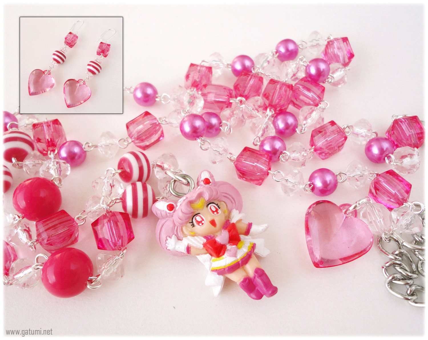 Chibiusa Sailor Moon Necklace, Sparkly Fuschia Rosary Chain with Earrings - Sweet Lolita