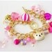 Kawaii Korilakkuma Bracelet, Chunky Gold Plated Chain with Fuschia Heart Charms, Bow, Flowers, Crown and Bell- Sweet Lolita, Gyaru