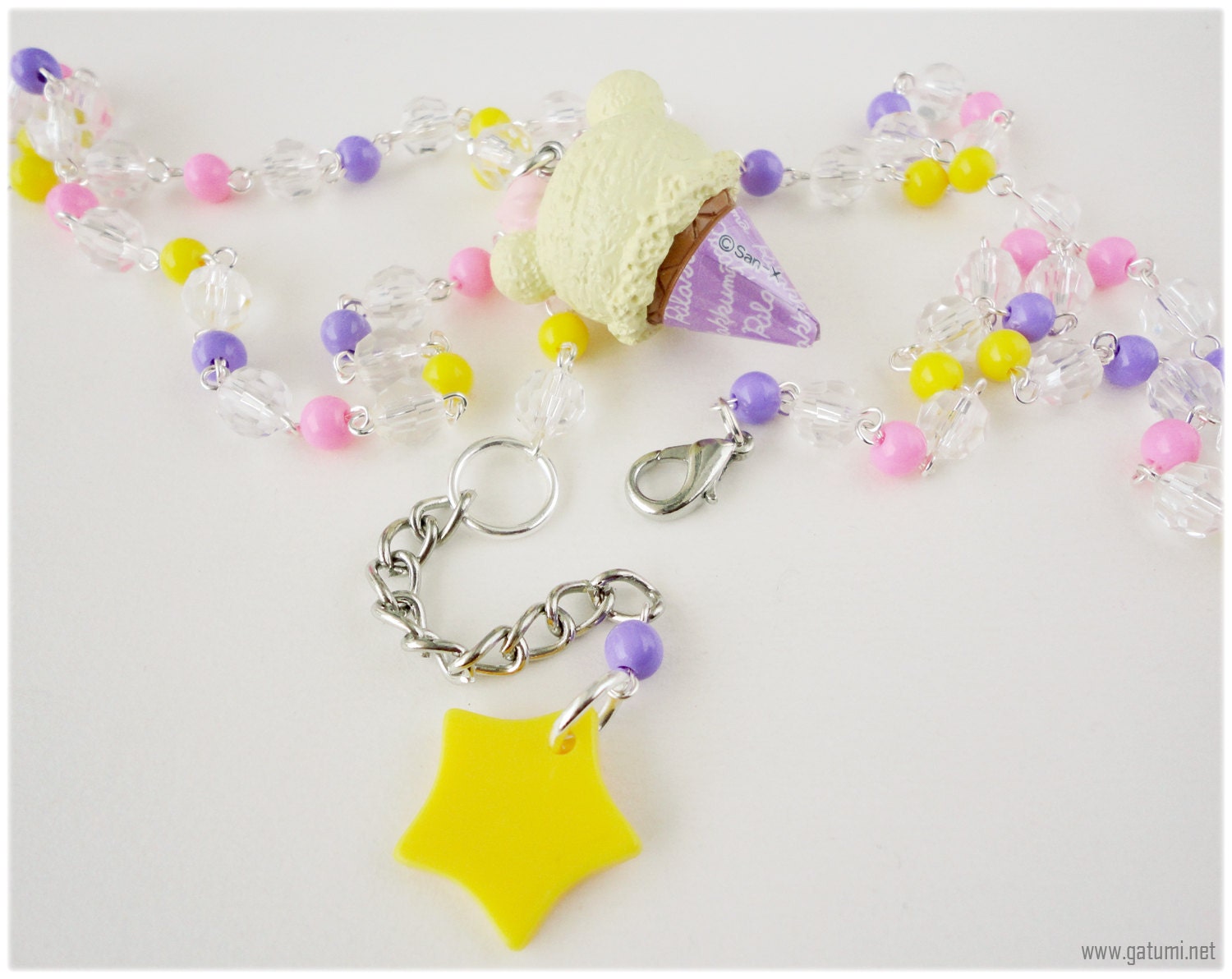 Kawaii Korilakkuma Necklace, Long Beaded Pink Yellow and Lavender Rosary Chain in Silver with Character Pendant in Silver
