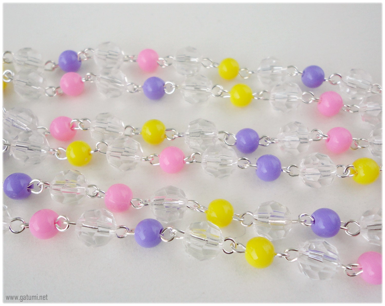 Kawaii Korilakkuma Necklace, Long Beaded Pink Yellow and Lavender Rosary Chain in Silver with Character Pendant in Silver