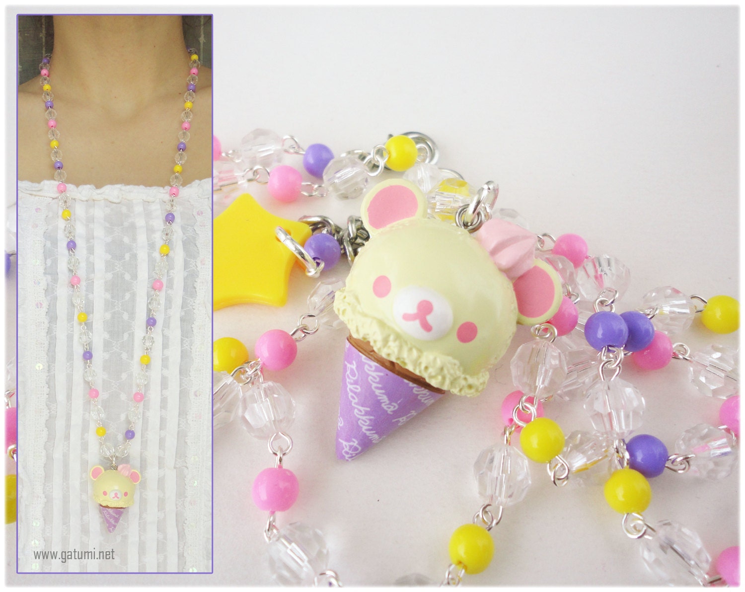 Kawaii Korilakkuma Necklace, Long Beaded Pink Yellow and Lavender Rosary Chain in Silver with Character Pendant in Silver