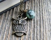 Owl Zoisite Necklace Owl Charm Pendant Green Black Zoisite Briolette Nature Inspired Wire Wrapped Stone Antique Brass Chain