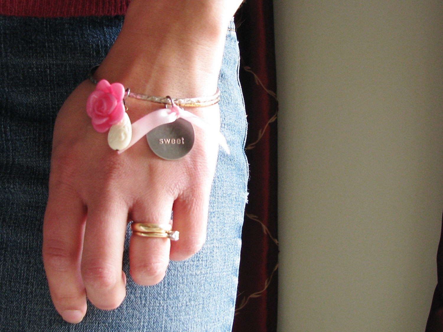 Charm Bangle Bracelets Flower Bangles Upcycled Vintage Bracelets Pink Flower Button Charm Drop Bead Botanical Jewelry Bracelets