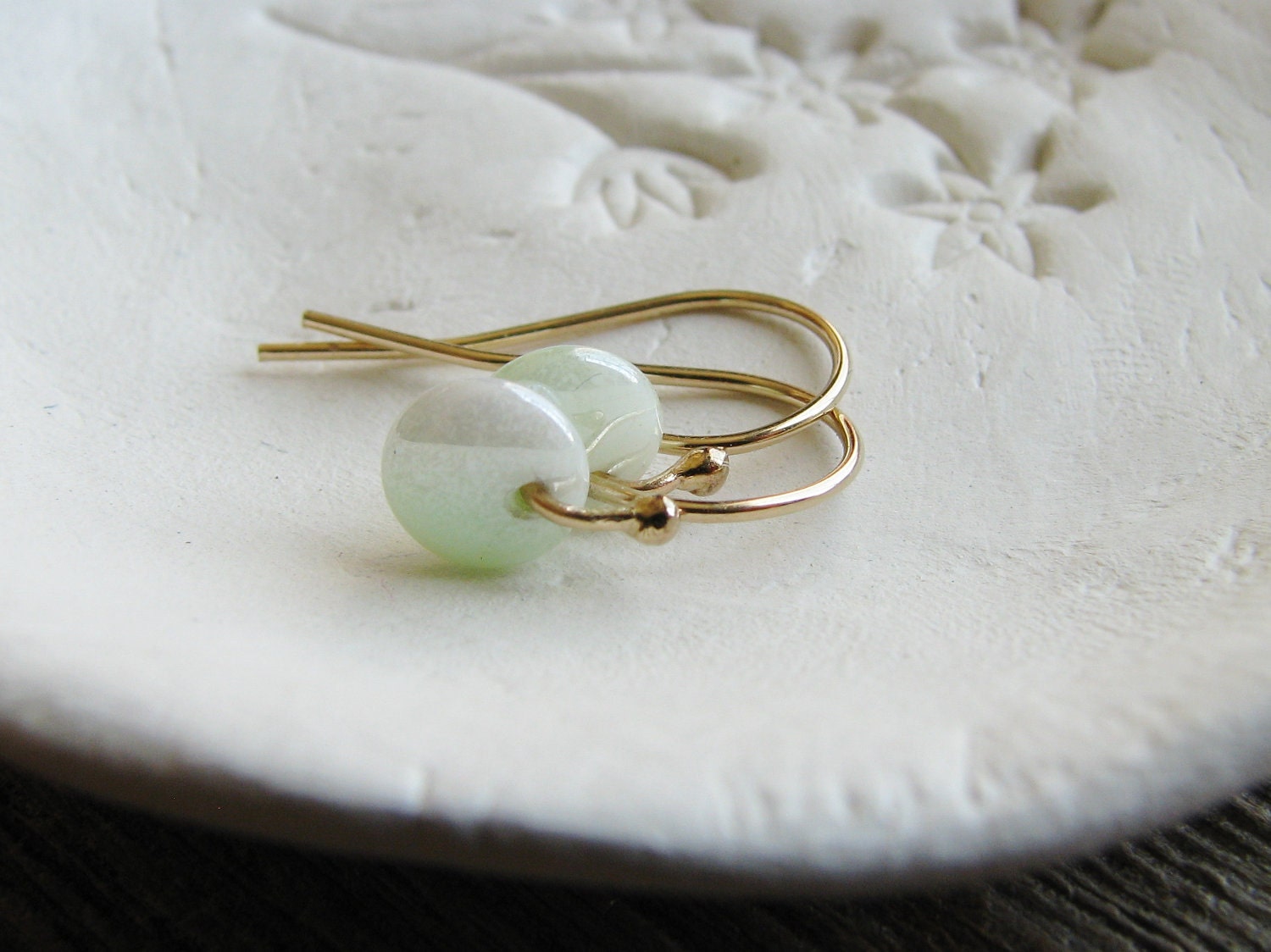 Beaded Gold Filled Earrings Czech Glass Sea Foam Green Lentil Beads 14kt Gold Filled Ear Hooks Minimalist Modern