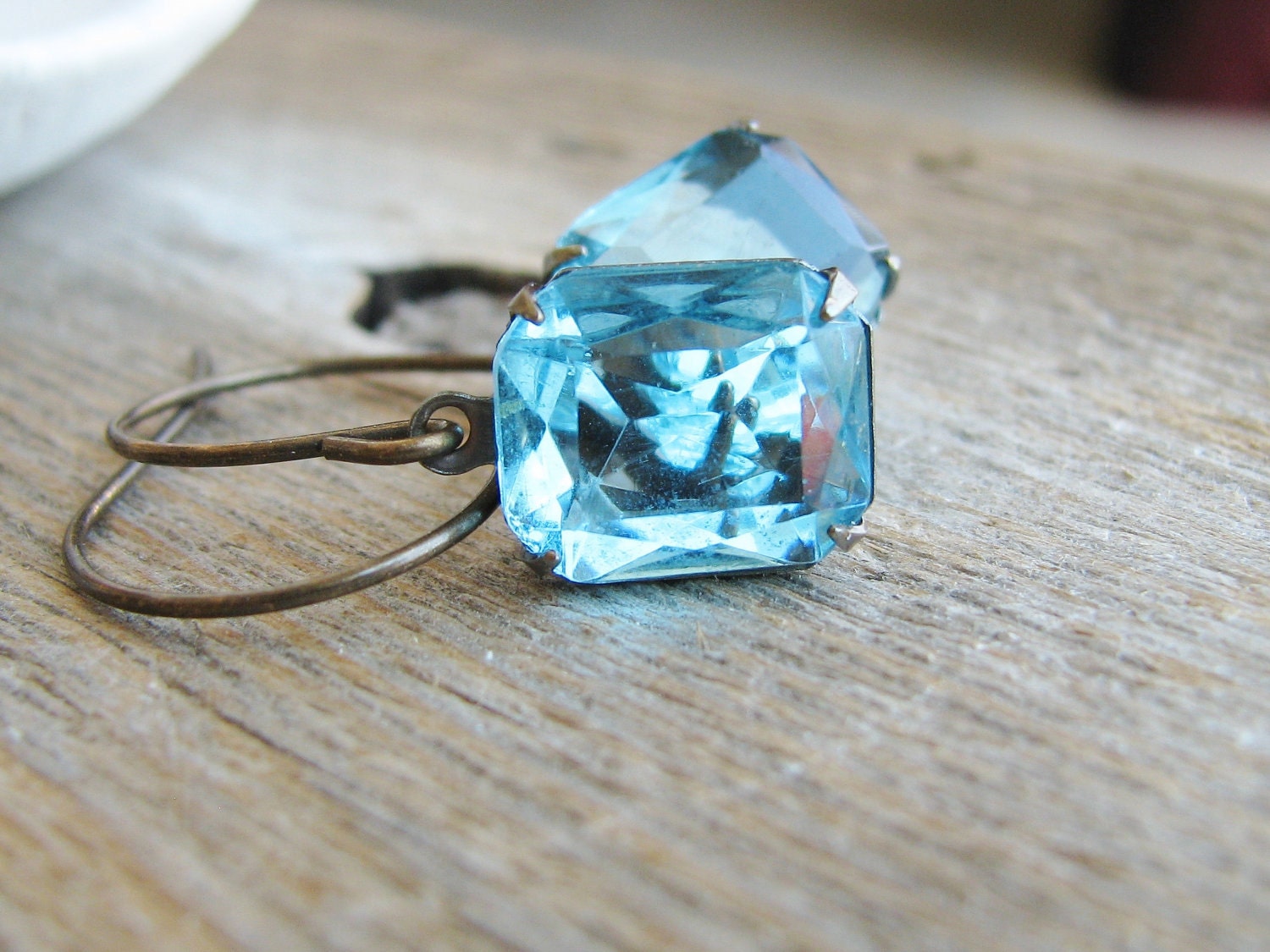 Glass Jewel Earrings Vintage Cut Glass Jewels Antique Brass Sky Blue Minimalist Geometric
