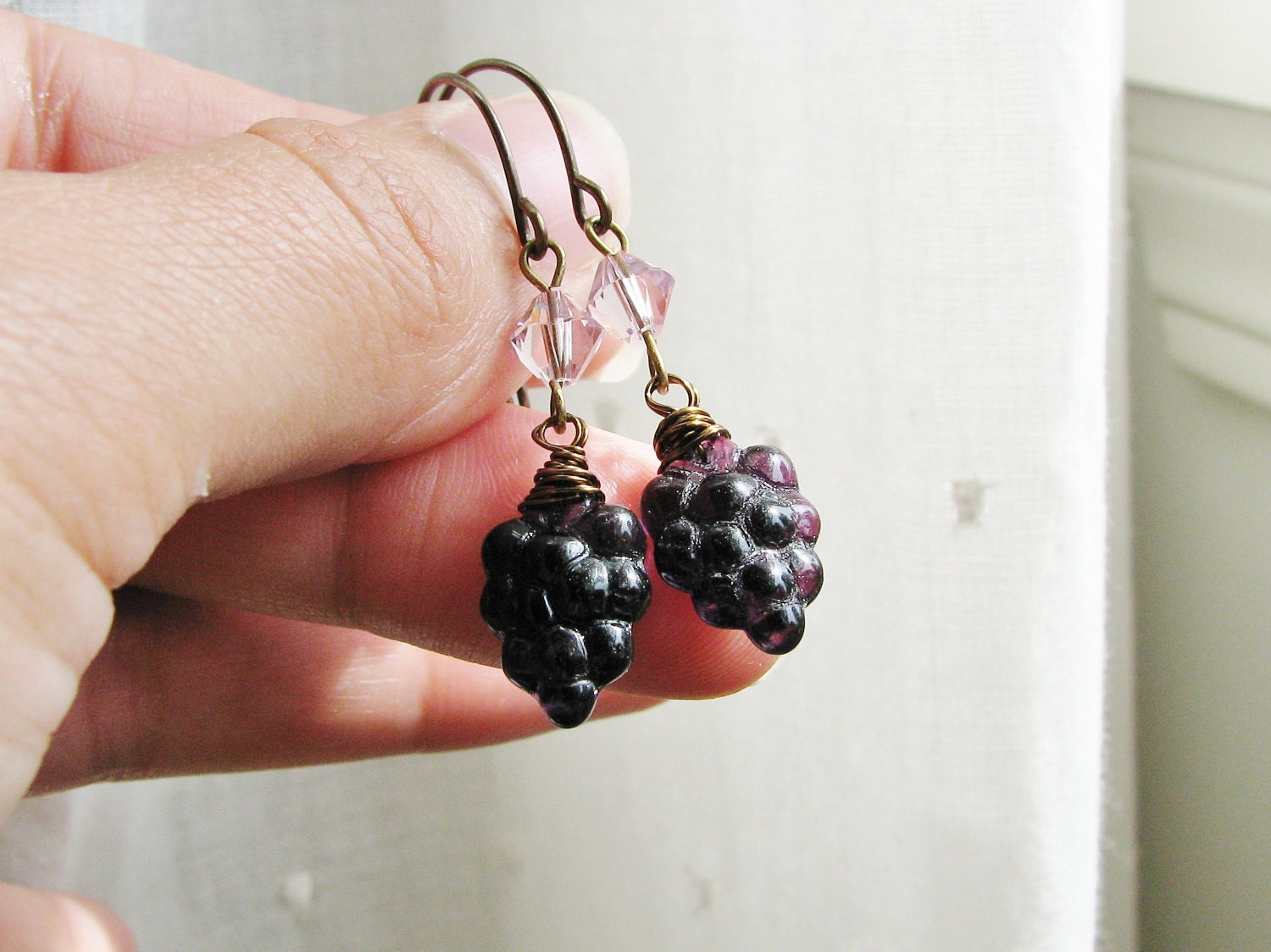 Grape Earrings Deep Purple Grape Beads and Crystals - Grapelicious