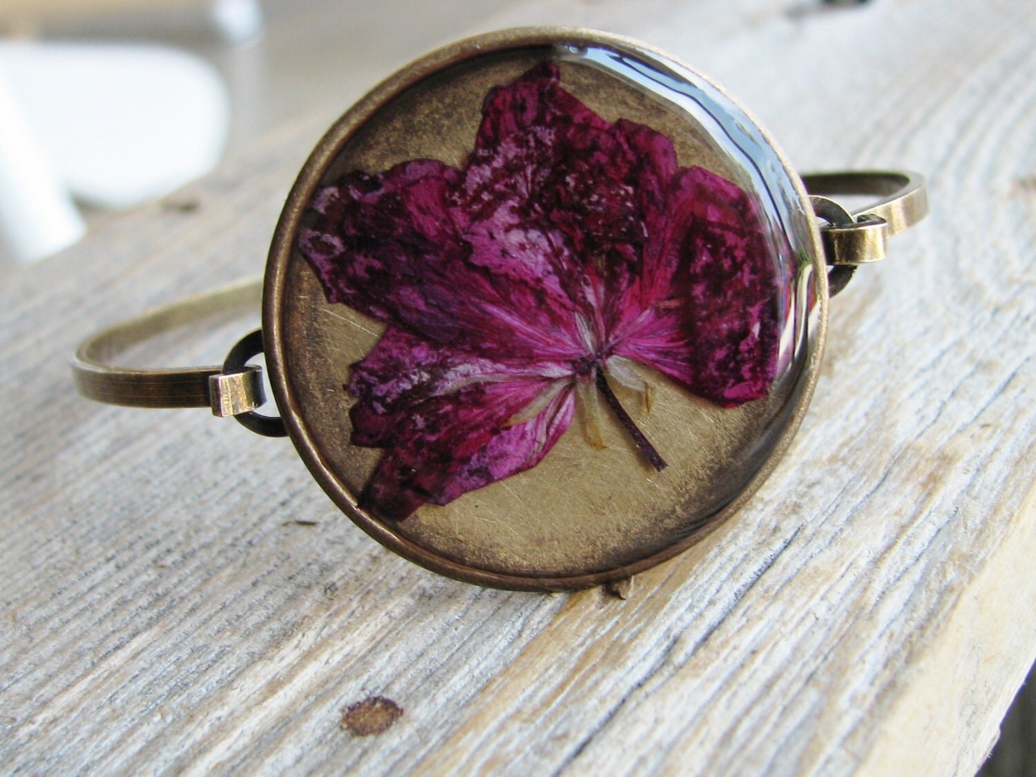 Flower Cuff Bracelet Pressed Flower Pink Magenta Geranium Resin Jewelry Nature Inspired Cuff Botanical Jewelry