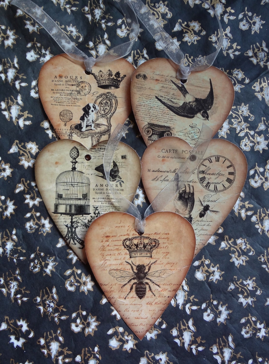 French Carte Postale Heart Tags -Set of 5 Romantic Oversized Heart Tags with Ribbon Ties