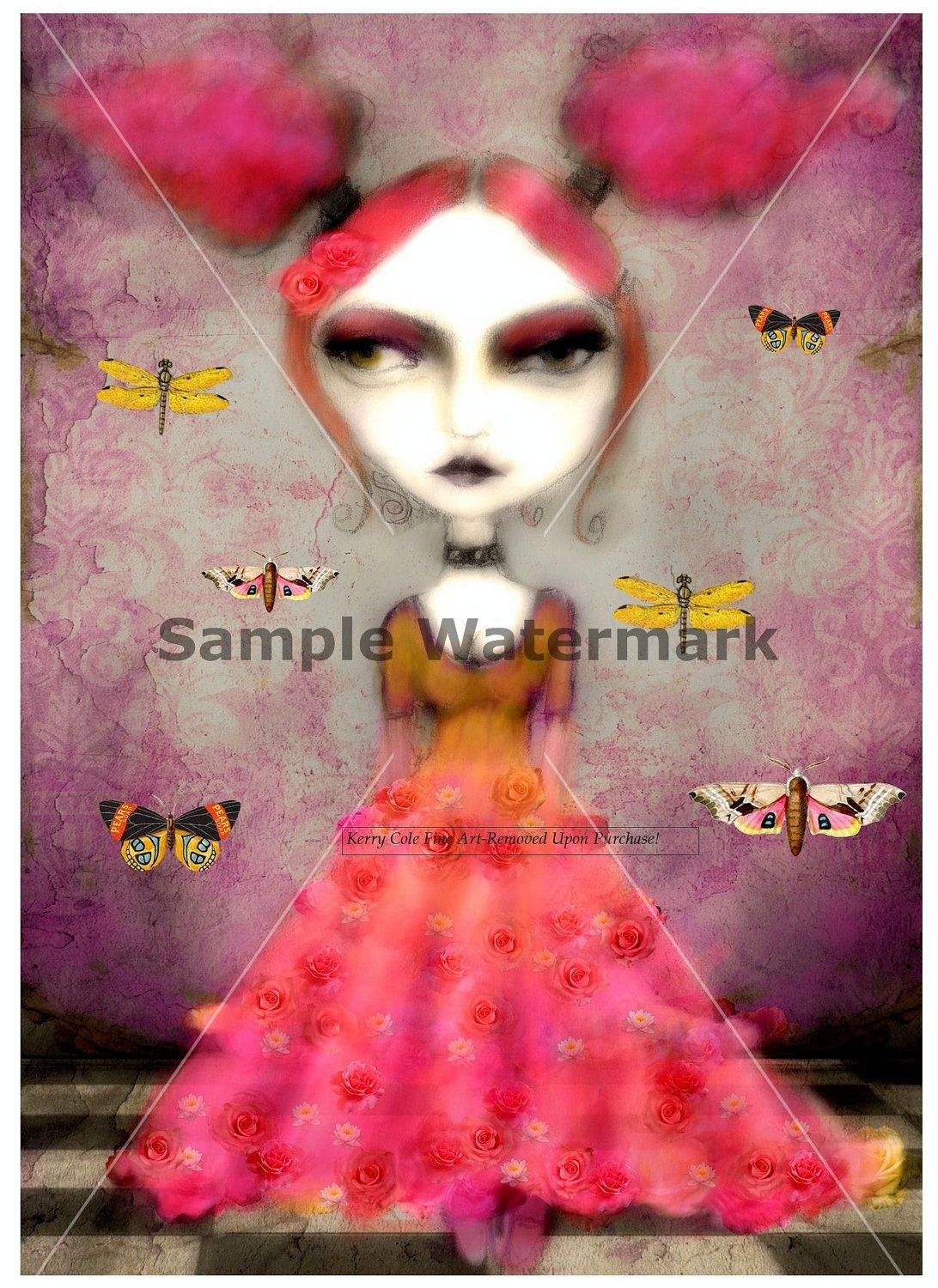 5x7 Print of the original digital collage Butterflies and Ponytails... Print on Photo Based Satin Paper